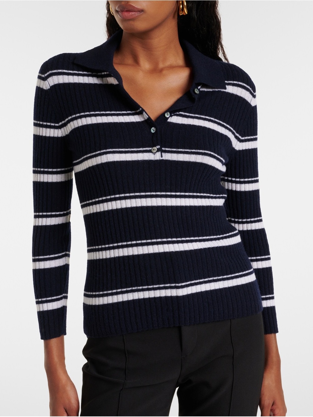 Vince Navy and White Ribbed Cashmere Silk Polo Sweater